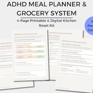 ADHD Meal Planner Printable | Low Energy Grocery List | Neurodivergent Food Journal | Executive Dysfunction Kitchen Reset PDF