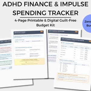 Puede incluir: Un kit de presupuesto imprimible y digital de 4 páginas para el seguimiento de finanzas y gastos impulsivos relacionados con el TDAH. Las páginas incluyen secciones tituladas Zero Guilt Visual Budget, Impulse Buy Pauser, ADHD Financial Hacks Guide y Fixed Expenses and Subscription Hunter.