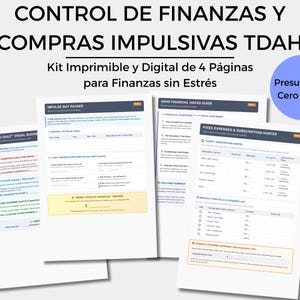 Puede incluir: Un conjunto de cuatro páginas de planificación financiera imprimibles y digitales titulado CONTROL DE FINANZAS Y COMPRAS IMPULSIVAS TDAH. Las páginas incluyen un presupuesto visual sin culpa, un pausador de compras impulsivas, una guía de trucos financieros TDAH y un registro de gastos fijos y suscripciones con tablas.