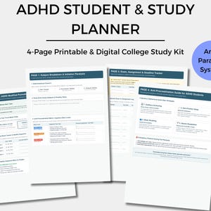 Puede incluir: Un kit de planificador de estudios para estudiantes con TDAH de 4 páginas con un sistema anti-parálisis. Los documentos imprimibles y digitales incluyen secciones para desglose de temas, parálisis de inicio, seguimiento de exámenes y guías.