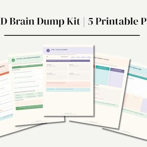 Puede incluir: Un conjunto de cinco páginas imprimibles titulado ADHD Brain Dump Kit. Los documentos presentan secciones organizadas con encabezados que incluyen Task Breakdown Matrix, Victory Log & Micro-Progress, Daily Focus Planner, Priority Filter y Chaotic Brain Dump.