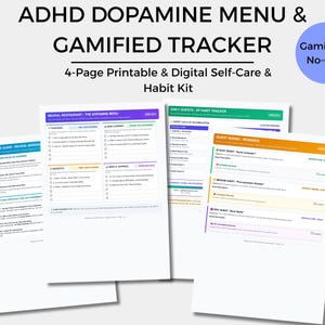 Puede incluir: Un kit de cuatro páginas de menú de dopamina para TDAH y rastreador gamificado que incluye guía del jugador, menú de restaurante neuronal, rastreador de hábitos XP y tablero de recompensas. Los documentos contienen listas y categorías.