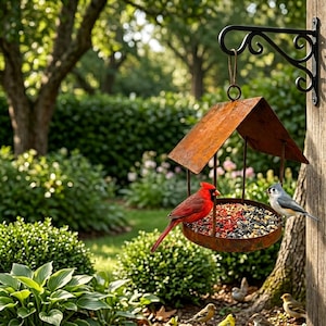 Rusted Metal Hanging Bird Feeder, Vintage Roof Shape Weathered Iron Wild Bird Seed Tray for Outdoor Garden Patio Decor