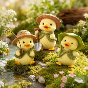 May include: Three yellow duck figurines with orange beaks and feet. One wears a straw hat and holds a fishing rod with a small fish. Another wears a straw hat and holds a silver shovel. The third wears a green leaf hat and winks.