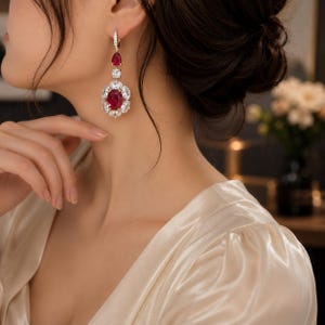 May include: A drop earring featuring a large oval-cut red gemstone surrounded by a halo of clear white stones. Above this, a smaller round stone connects to a pear-shaped red stone at the top, all set in a polished silver-toned metal frame.