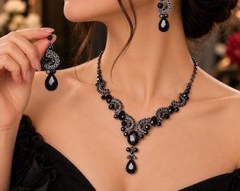 Zwarte kristallen druppelvormige ketting en oorbellen set, gotische statement sieraden (zinklegering)