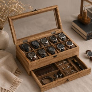 May include: A wooden watch box with a glass lid, featuring ten interior compartments for wristwatches. The box includes a pull-out drawer with sections for accessories, including cufflinks, a bracelet, and a pen, all lined in a soft fabric.