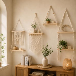 May include: Four wall-mounted macrame shelves made of off-white cotton cord and light-colored wood. The shelves feature intricate knotted patterns, hanging tassels, and wooden beads. They hold small potted plants, candles, and a crescent moon decor.