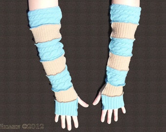 Wool Arm Warmers - Extra Long - Turquoise Cables and Tan Ribs
