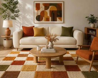 Alfombra de lana tejida a mano, con diseño de tablero de ajedrez en tonos tierra y estilo retro shag.