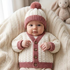 Può includere: Un cardigan in maglia color crema e rosa antico con scollo a V, quattro bottoni marroni e polsini a coste. Il berretto abbinato presenta un motivo a trecce, un bordo a coste rosa antico e un grande pompon sulla sommità, un set coordinato.