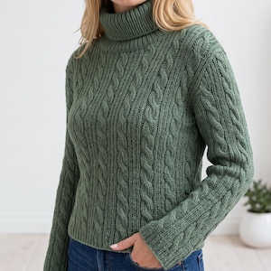 May include: A sage green long-sleeve sweater featuring a prominent cable knit pattern and a high turtleneck collar. The garment is constructed with vertical cable knit columns and ribbed detailing along the collar, cuffs, and hemline.
