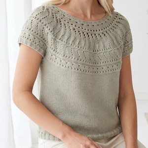 Lace Yoke Summer Tee Knitting Pattern | Seamless Top Down Pullover (PDF)