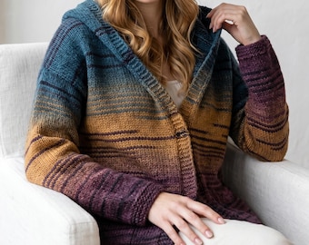 Modello PDF per cardigan con cappuccio da lavorare a maglia, maglione a righe oversize, giacca lavorata a maglia con apertura frontale