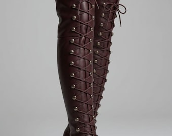 Botas altas de piel con cordones hasta la rodilla – Botas de tacón de aguja con tachuelas para mujer