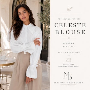 Celeste Bluse PDF Schnittmuster, Oversized Kragen Krawatte Ärmel Shirt (XXS-3XL)