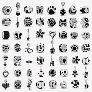 Kollektion av svarta pärlor i 925 sterlingsilver, hjärtformade blomma- och djurhängen med mellanlägg till Pandora-armband. Köp tre, få en gratis.