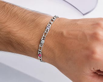 Custom Men's Birthstone Bracelet Stainless Steel Figaro Chain with 1 to 5 Family Stones Dad Bracelet Gift for Him Gift for Men Father's Gift
