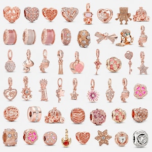 925 Sterling Silber Rose Gold Charm Bead Kollektion, Herz Blumen baumeln Charms, Kompatibel mit Pandora Moments Armbändern Kaufen Sie 3, erhalten Sie 1 gratis
