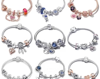 Armband mit verschiedenen Anhängern aus einer Legierung, europäische Schlangenkette, Designs in Silber und Roségold – Geschenk für Mama