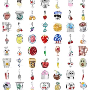 May include: A collection of assorted metal charms featuring food and drink themes, including miniature representations of fruits, desserts, coffee cups, wine glasses, and various snacks, all designed with colourful enamel accents and metallic finishes.