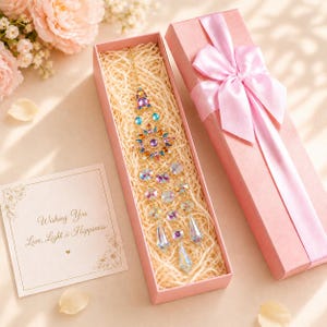 May include: A gold-toned suncatcher ornament featuring multi-colored crystals and clear faceted glass pendants, presented in a pink gift box with a satin ribbon and a card printed with the text Wishing You Love, Light & Happiness.