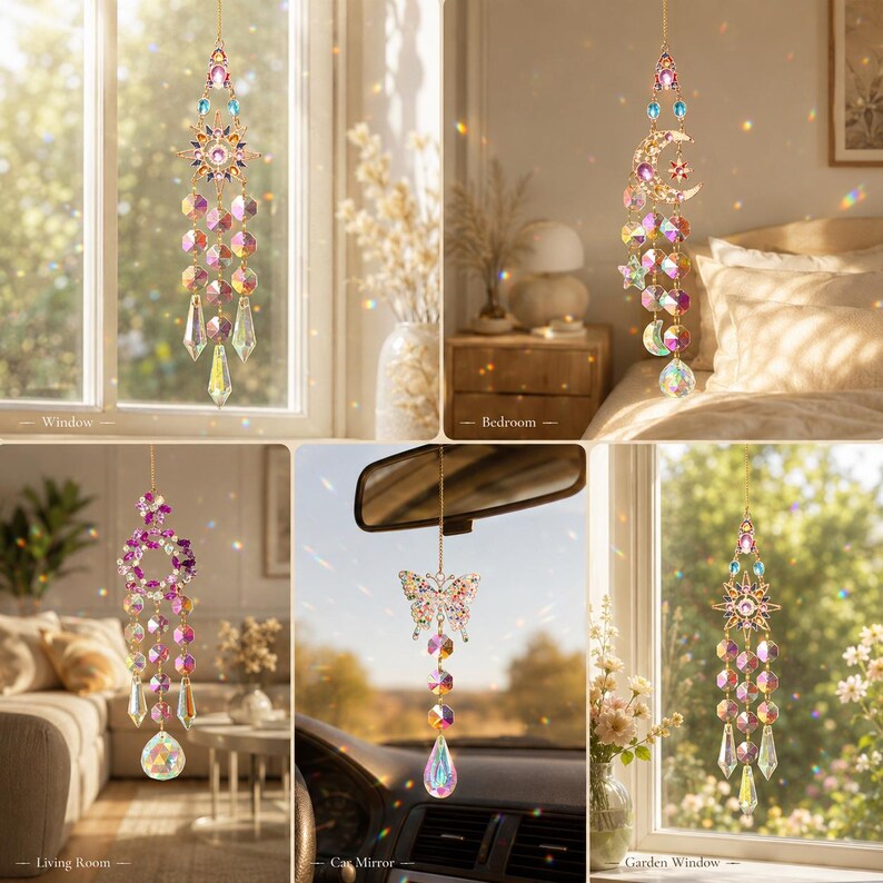 May include: A collection of hanging suncatchers featuring gold-toned metal frames, faceted iridescent glass crystals, and colorful beads. Designs include a sun, a crescent moon, a circular floral pattern, and a butterfly, all suspended by chains.