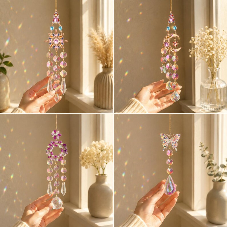 Crystal Suncatcher for Window, Rainbow Prism Hanging Decor, Celestial Butterfly Floral Ornament image 6