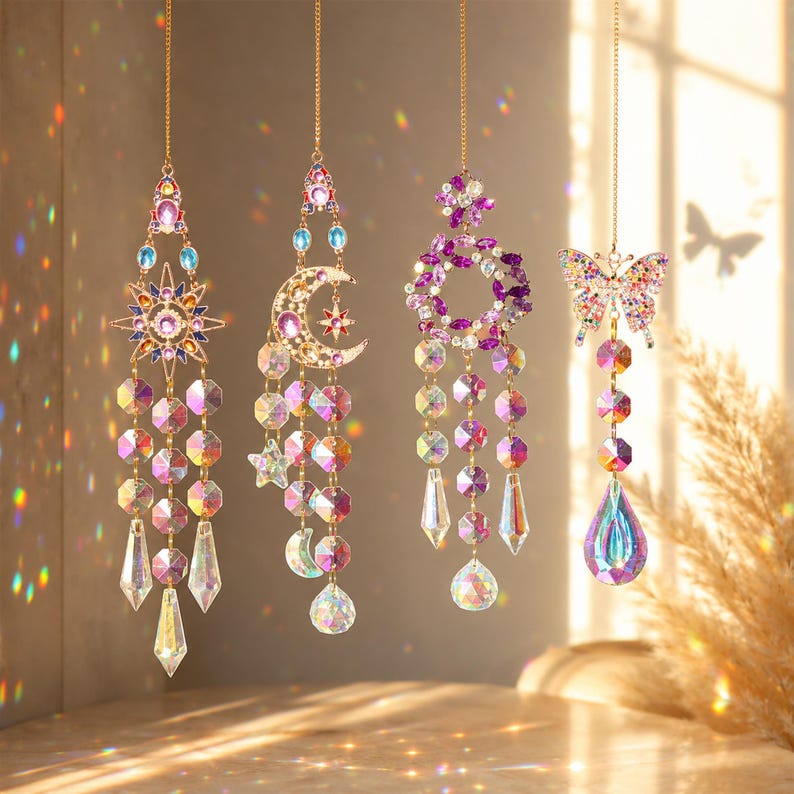 Crystal Suncatcher for Window, Rainbow Prism Hanging Decor, Celestial Butterfly Floral Ornament image 2