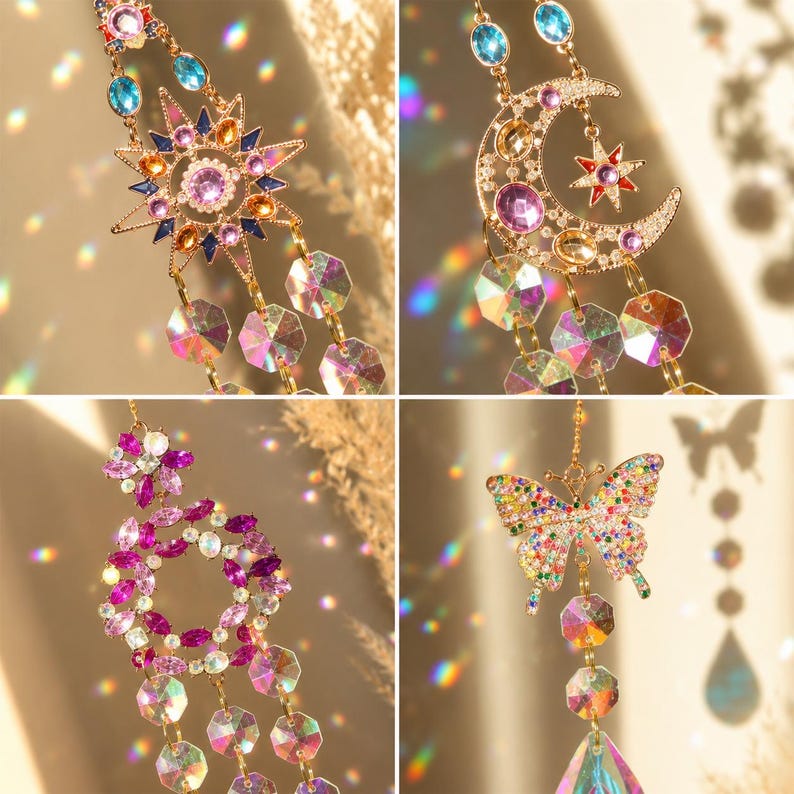 May include: A collection of four hanging ornaments featuring gold-tone metal frames adorned with colorful faceted crystals. The designs include a sun, a crescent moon with a star, a circular floral wreath, and a butterfly, all with hanging prisms.