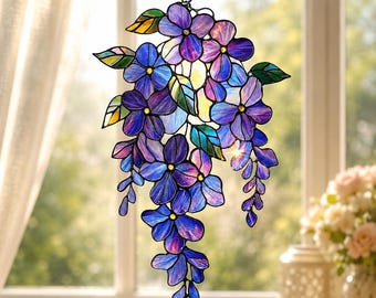 Purple Wisteria Suncatcher, 2D Acrylic Flower Window Hanging Decor, Stained Glass Style Sun Catcher, Floral Garden Gift, Spring Home Decor