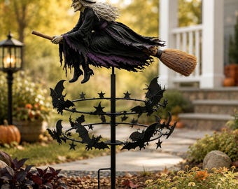 Halloween Witch Garden Spinner, Rotating Bat Kinetic Yard Art, Spooky Outdoor Porch Decor, 2D or 3D Fall Lawn Stake Gift for Witch Lovers