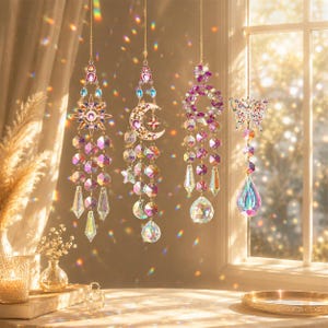 May include: Four hanging suncatchers featuring gold-tone chains and faceted crystal prisms. The designs include a sun, a crescent moon with a star, a circular floral wreath, and a butterfly, all adorned with colorful gems and iridescent glass beads.