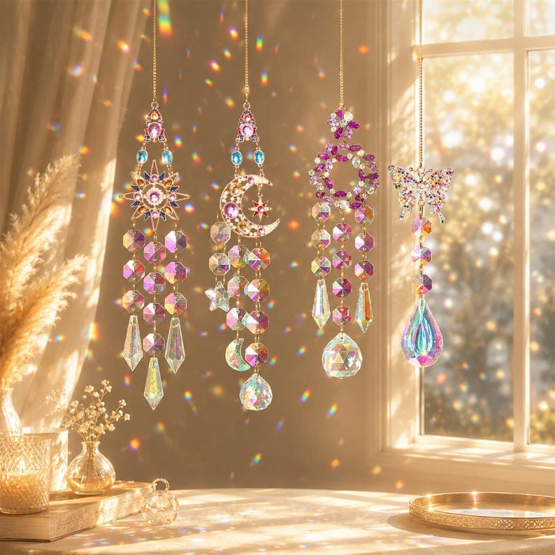 May include: Four hanging suncatchers featuring gold-tone chains and faceted crystal prisms. The designs include a sun, a crescent moon with a star, a circular floral wreath, and a butterfly, all adorned with colorful gems and iridescent glass beads.