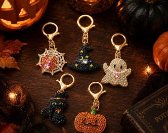 Halloween Keychain Charm, Rhinestone Pumpkin Ghost Black Cat Witch Hat Spider Web Bag Charm, Spooky Gift for Her, Fall Purse Accessory