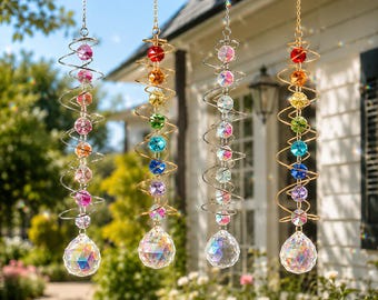 Spiral Crystal Suncatcher, Rainbow Maker Window Hanging, Crystal Sun Catcher, Gold Silver Wind Spinner, Garden Balcony Decor Gift