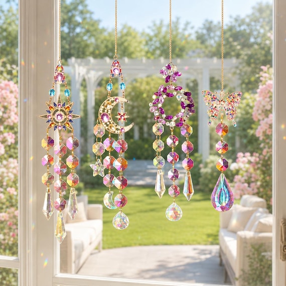 Crystal Suncatcher for Window, Rainbow Prism Hanging Decor, Celestial Butterfly Floral Ornament