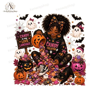 May include: A digital illustration of a person with dark curly hair wearing a black hoodie with the text CANDY COLLECTOR, pouring candy from a pumpkin bucket. Surrounded by ghosts, black cats, jack-o'-lanterns, and a sign reading CANDY is my LOVE LANGUAGE.