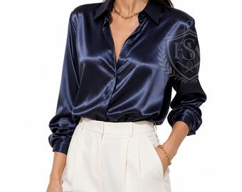 Navy Blue Silk Button Down Shirt, Luxury Satin Office Blouse, Long Sleeve Work Shirt , Women Silk Blouse