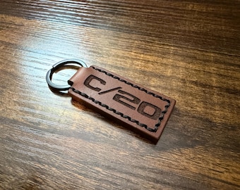 Hand Stitched, C/20 with customizable year, Tobacco Brown Leather Keychains