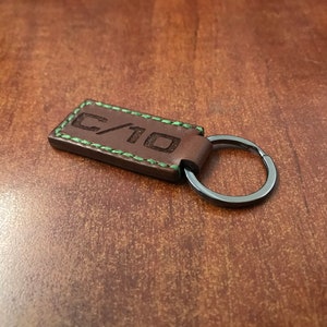 Hand Stitched, C/10 with customizable year, Tobacco Brown Leather Keychains image 3