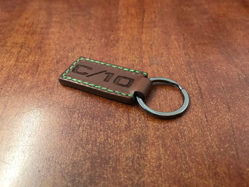 Hand Stitched, C/10 with customizable year, Tobacco Brown Leather Keychains image 3