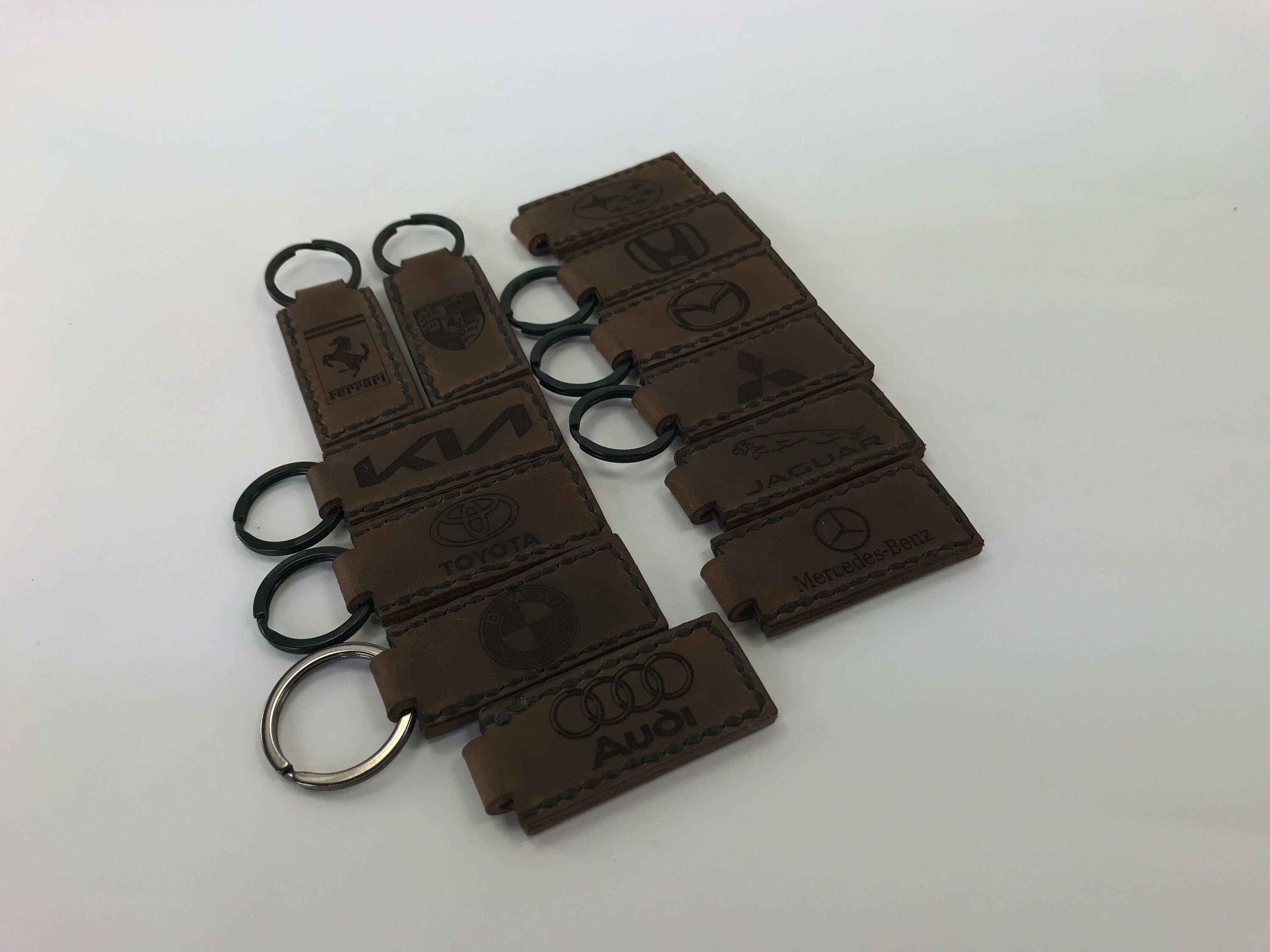 Hand Stitched, Foreign Vehicle Logo, tobacco brown Leather Keychains