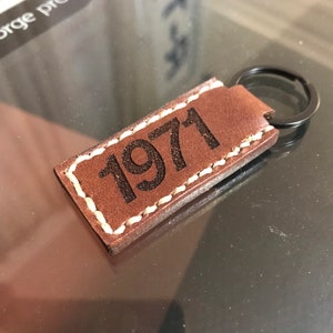 Hand Stitched, C/10 with customizable year, Tobacco Brown Leather Keychains image 6