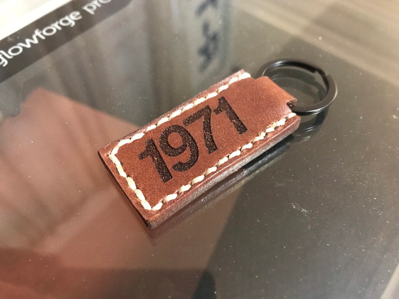 Hand Stitched, C/10 with customizable year, Tobacco Brown Leather Keychains image 6