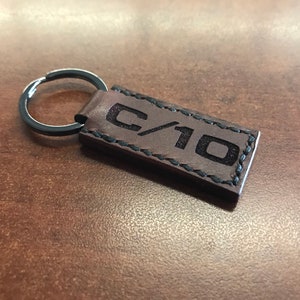 Hand Stitched, C/10 with customizable year, Tobacco Brown Leather Keychains