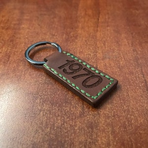 Hand Stitched, C/10 with customizable year, Tobacco Brown Leather Keychains image 4