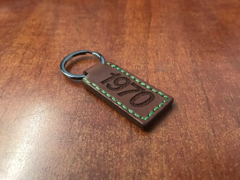 Hand Stitched, C/10 with customizable year, Tobacco Brown Leather Keychains image 4