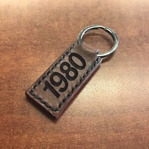 Hand Stitched, C/10 with customizable year, Tobacco Brown Leather Keychains image 5