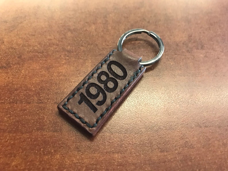 Hand Stitched, C/10 with customizable year, Tobacco Brown Leather Keychains image 5